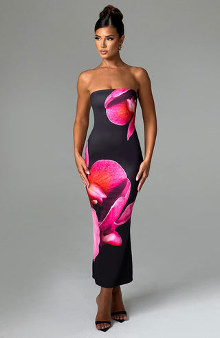 Allegra Midi Dress - Black Floral Print - Napalia