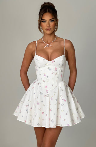 Analeigh Mini Dress - White Multi Floral Print - Napalia