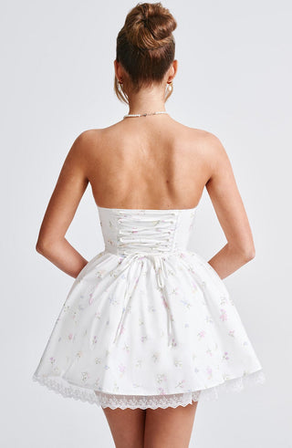 Evie Mini Dress - White Multi Floral Print - Napalia