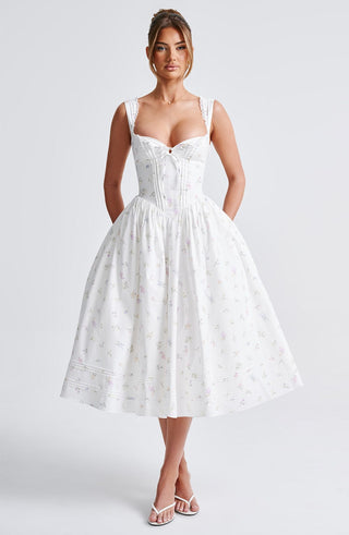 Marlena Midi Dress - White Multi Floral Print - Napalia